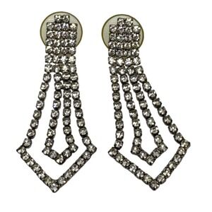 1980s Rhinestone Dangle Earrings Silver Tone‎ Diamond Shape Statement Jewelry